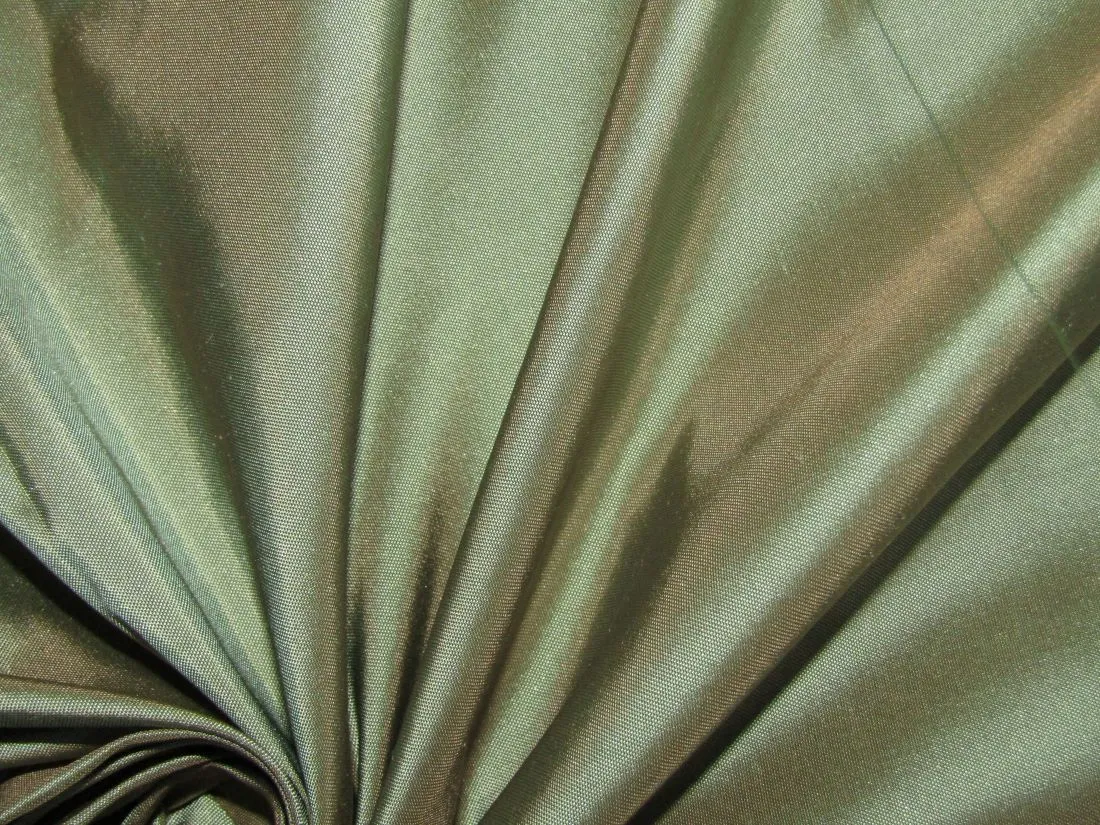 100% PURE SILK TAFFETA FABRIC IRIDESCENT EYE GREEN X BEIGE 54" wide TAF248