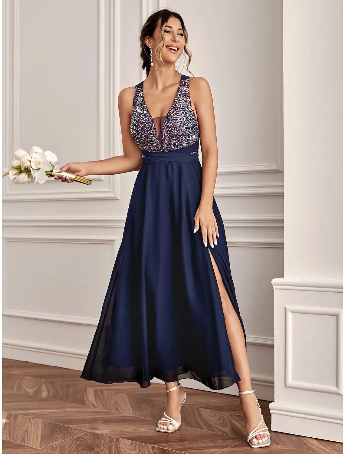 A-Line Wedding Guest Dresses Sparkle & Shine Dress Holiday Cocktail Party Ankle Length Sleeveless V Neck Sequined with Sequin Slit