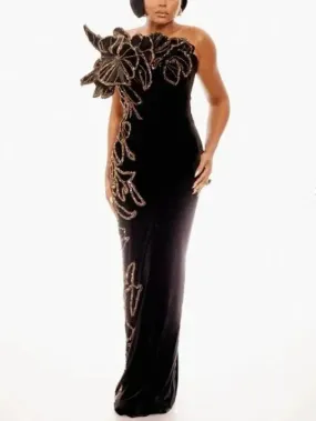 Black Strapless Long Gown with Gold Sequin Floral Appliques