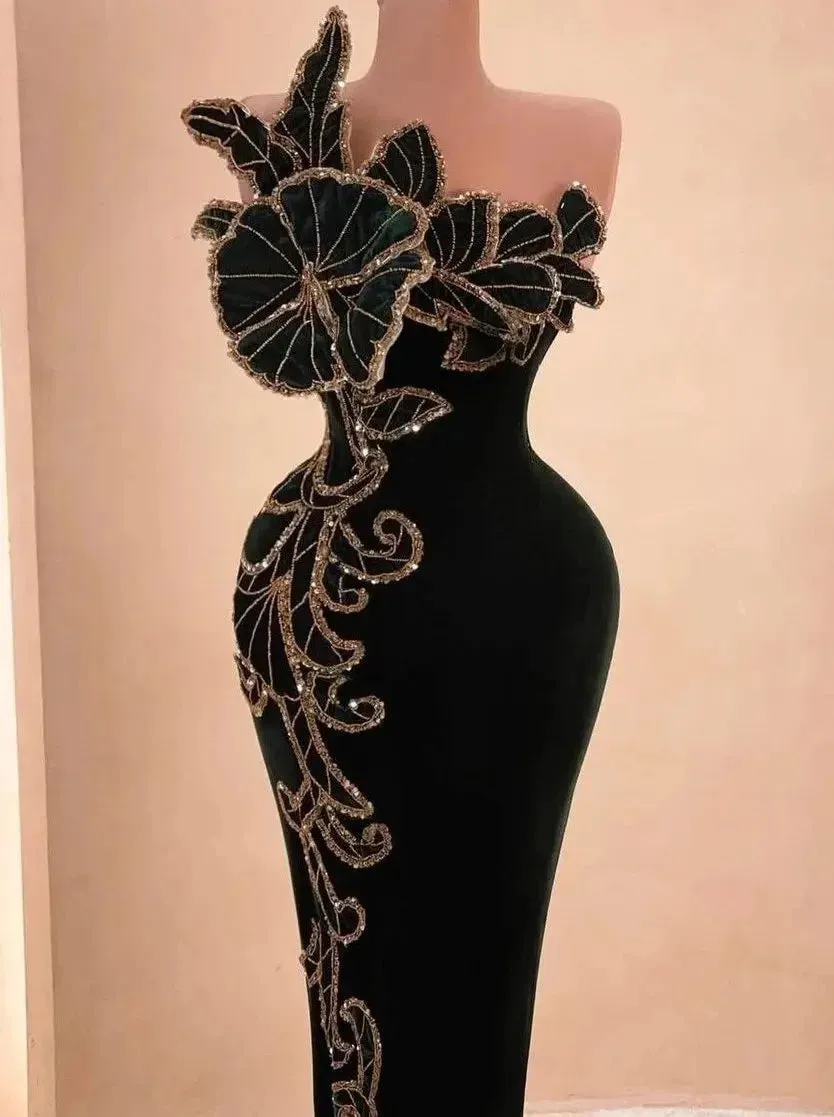 Black Strapless Long Gown with Gold Sequin Floral Appliques