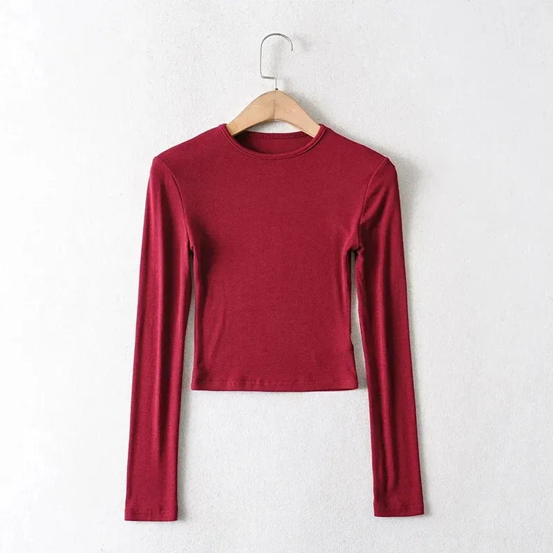 Elastic Cotton Solid O-neck Long Sleeve Tee