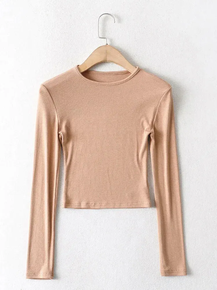 Elastic Cotton Solid O-neck Long Sleeve Tee