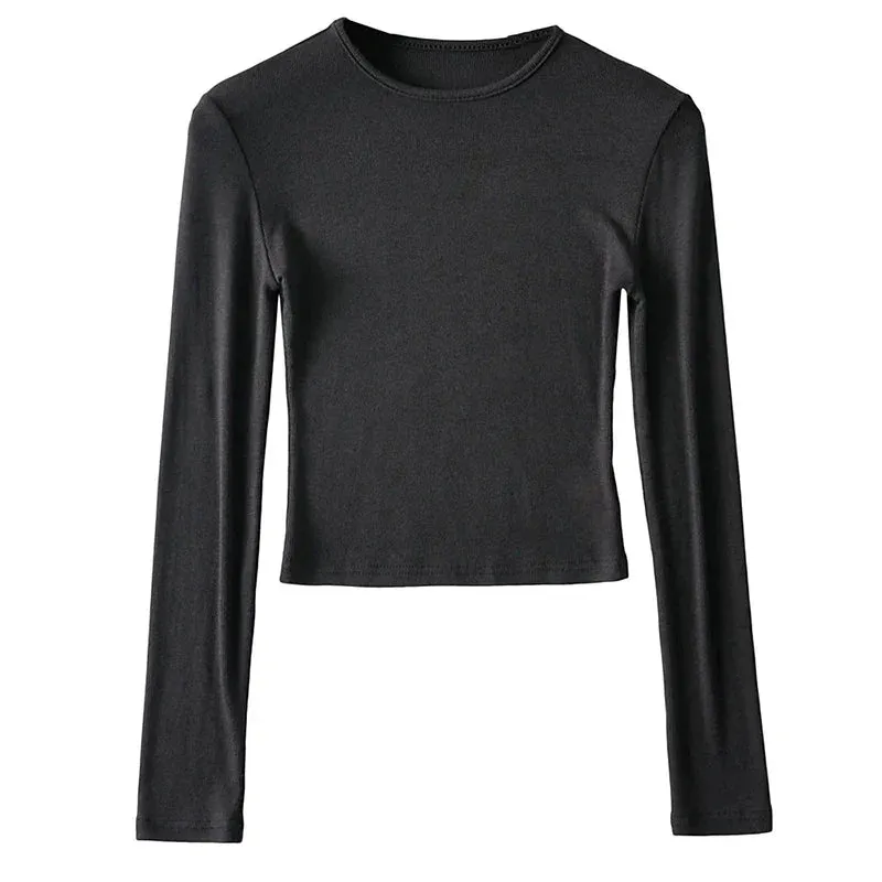 Elastic Cotton Solid O-neck Long Sleeve Tee