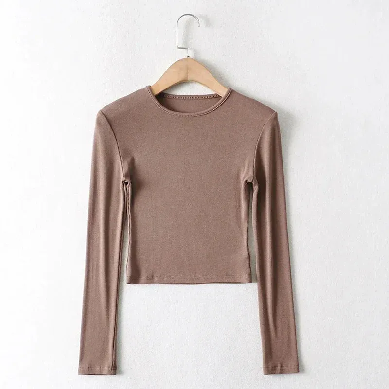 Elastic Cotton Solid O-neck Long Sleeve Tee