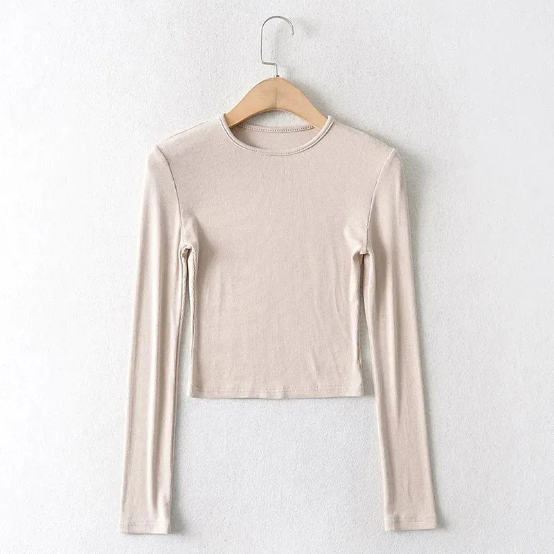 Elastic Cotton Solid O-neck Long Sleeve Tee