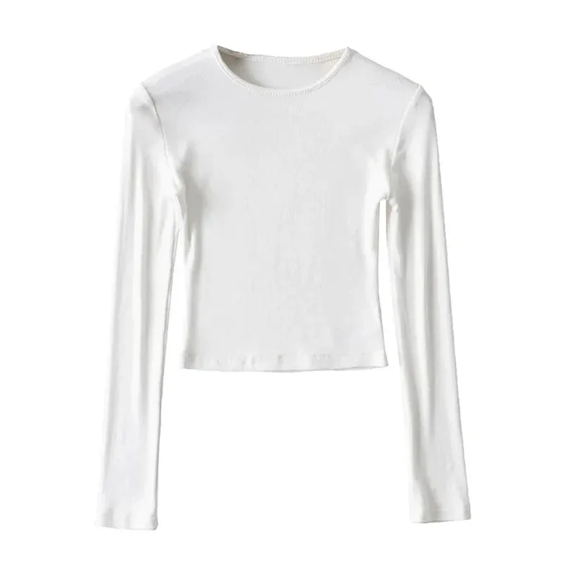 Elastic Cotton Solid O-neck Long Sleeve Tee