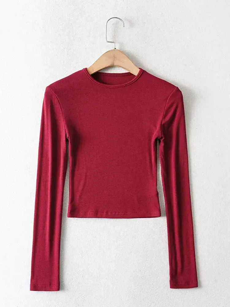 Elastic Cotton Solid O-neck Long Sleeve Tee