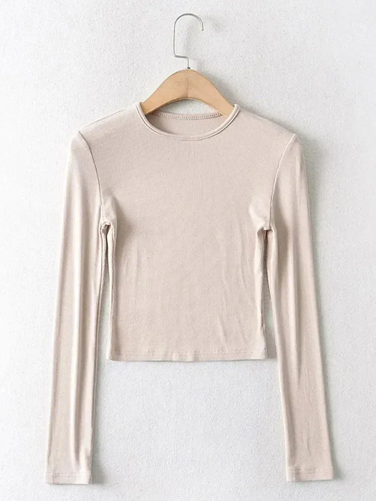 Elastic Cotton Solid O-neck Long Sleeve Tee