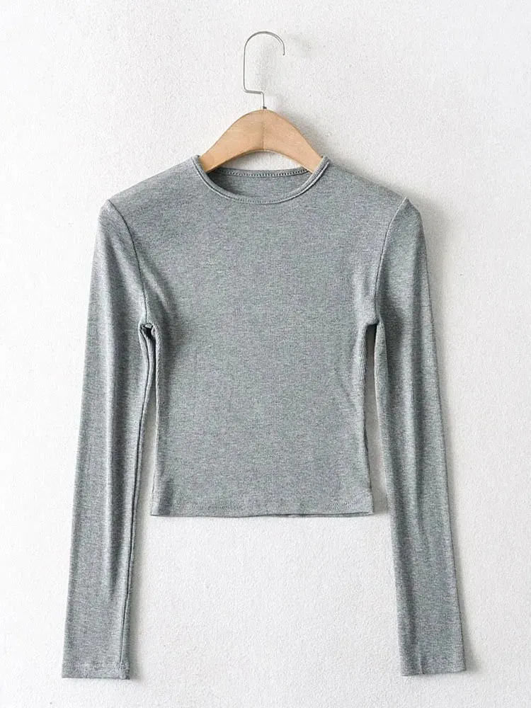 Elastic Cotton Solid O-neck Long Sleeve Tee