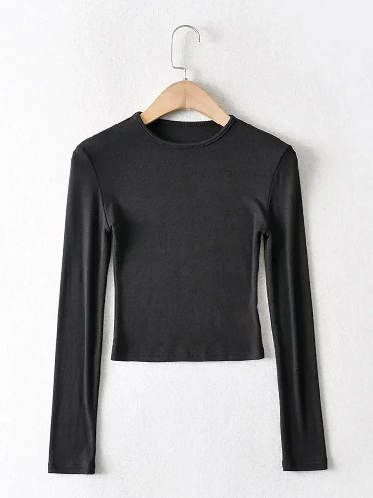 Elastic Cotton Solid O-neck Long Sleeve Tee