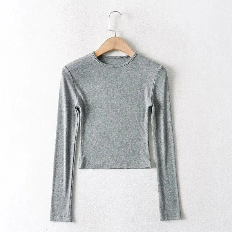 Elastic Cotton Solid O-neck Long Sleeve Tee