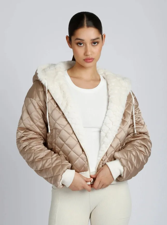 Fawn Reversible Faux Fur Hoodie - Taupe