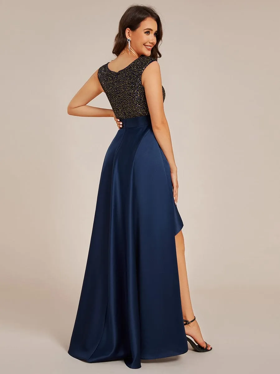 Faye | Sleeveless Sequin Top High-Low Formal Evening Dress with Satin