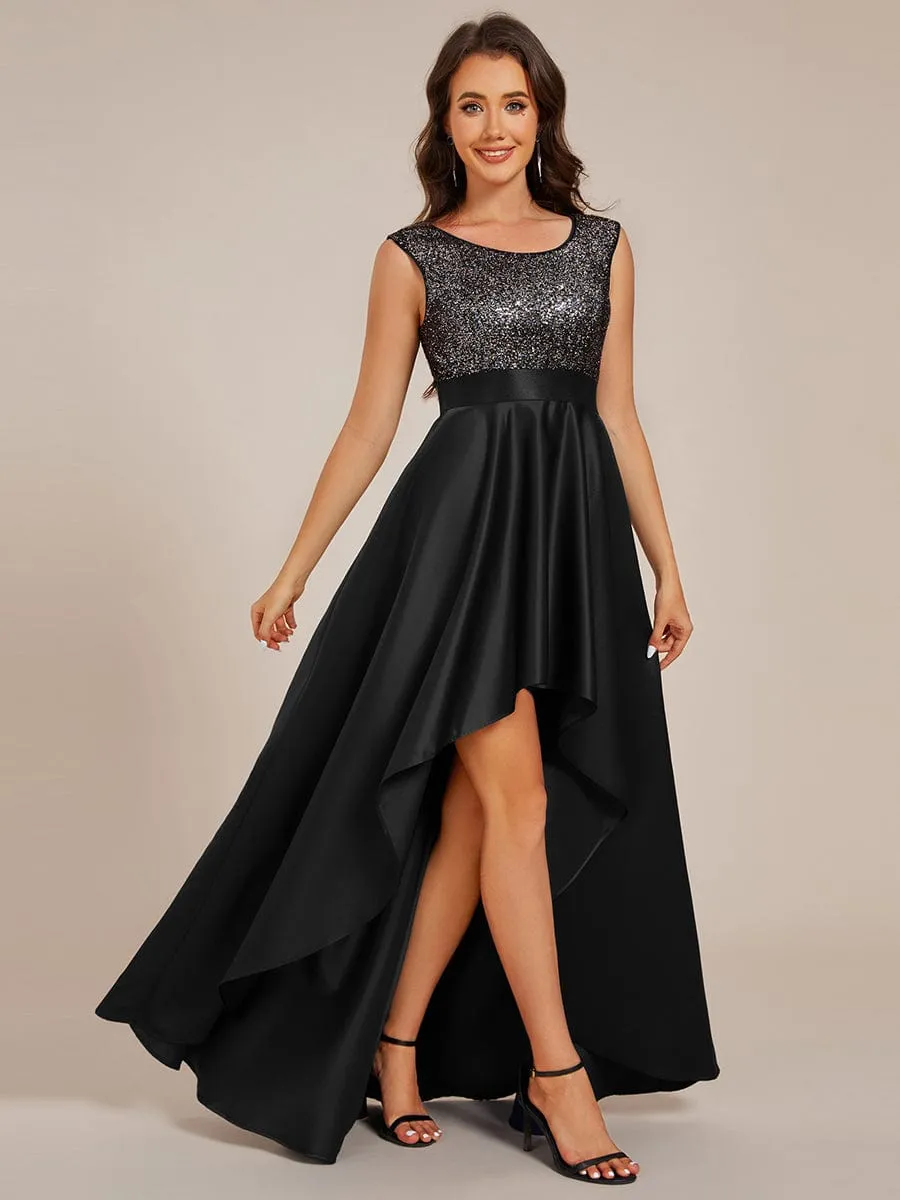 Faye | Sleeveless Sequin Top High-Low Formal Evening Dress with Satin