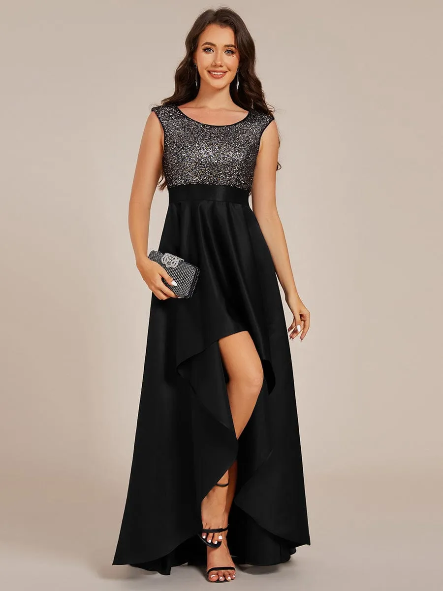 Faye | Sleeveless Sequin Top High-Low Formal Evening Dress with Satin