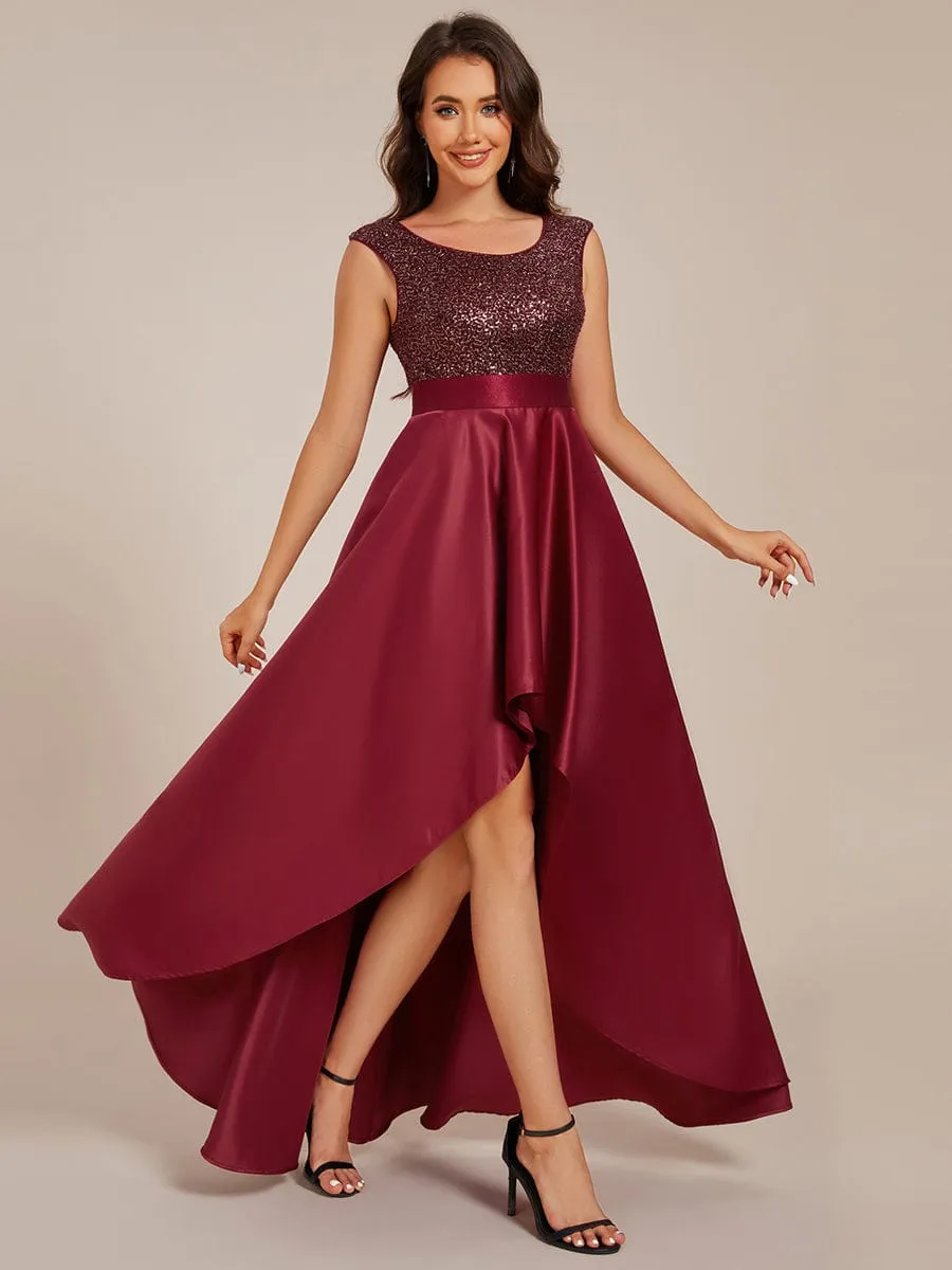 Faye | Sleeveless Sequin Top High-Low Formal Evening Dress with Satin