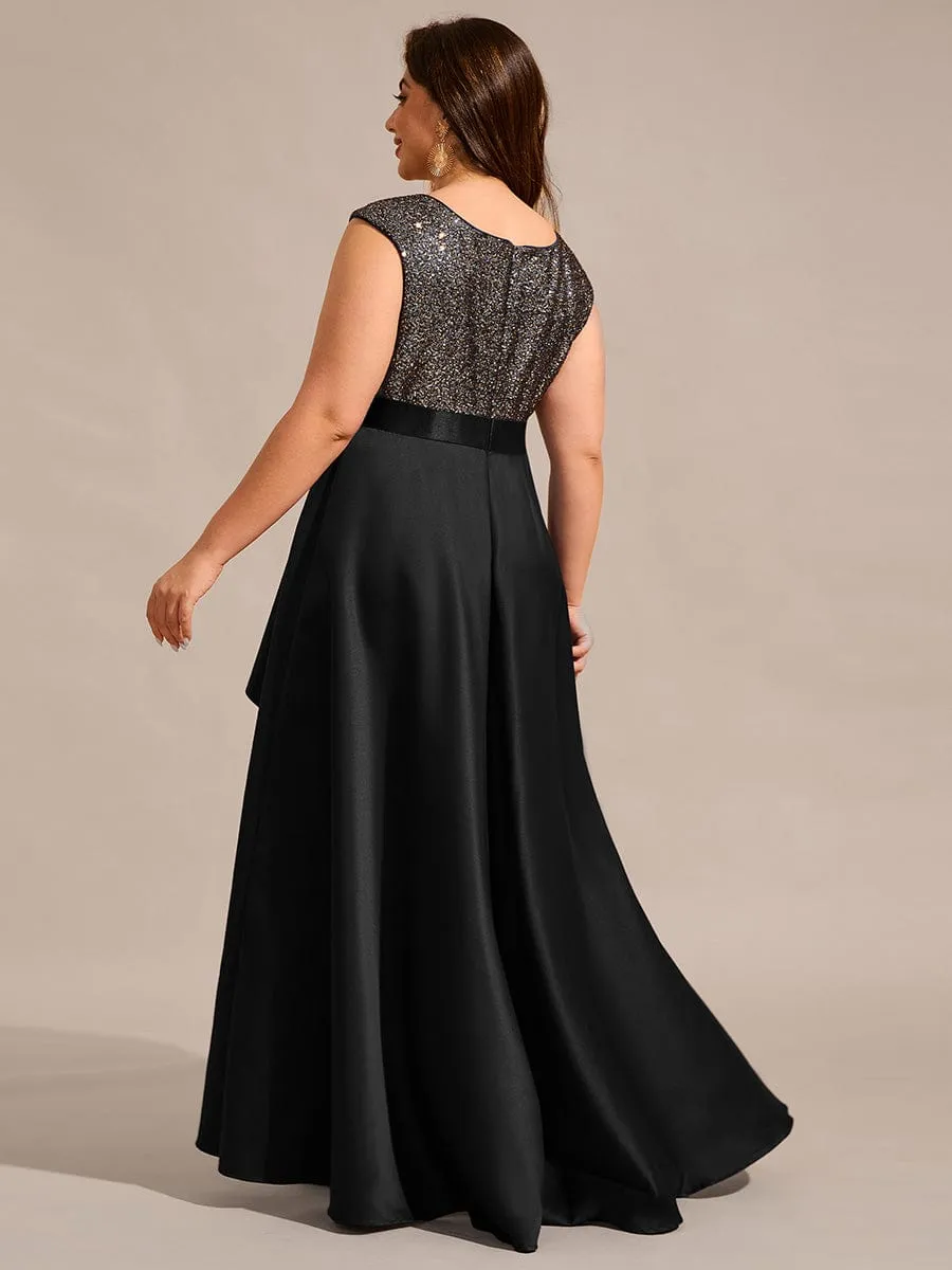 Faye | Sleeveless Sequin Top High-Low Formal Evening Dress with Satin