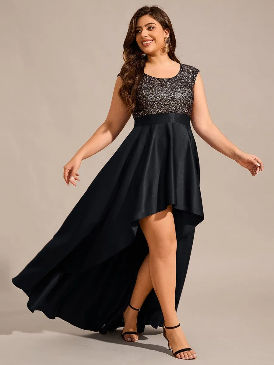 Faye | Sleeveless Sequin Top High-Low Formal Evening Dress with Satin