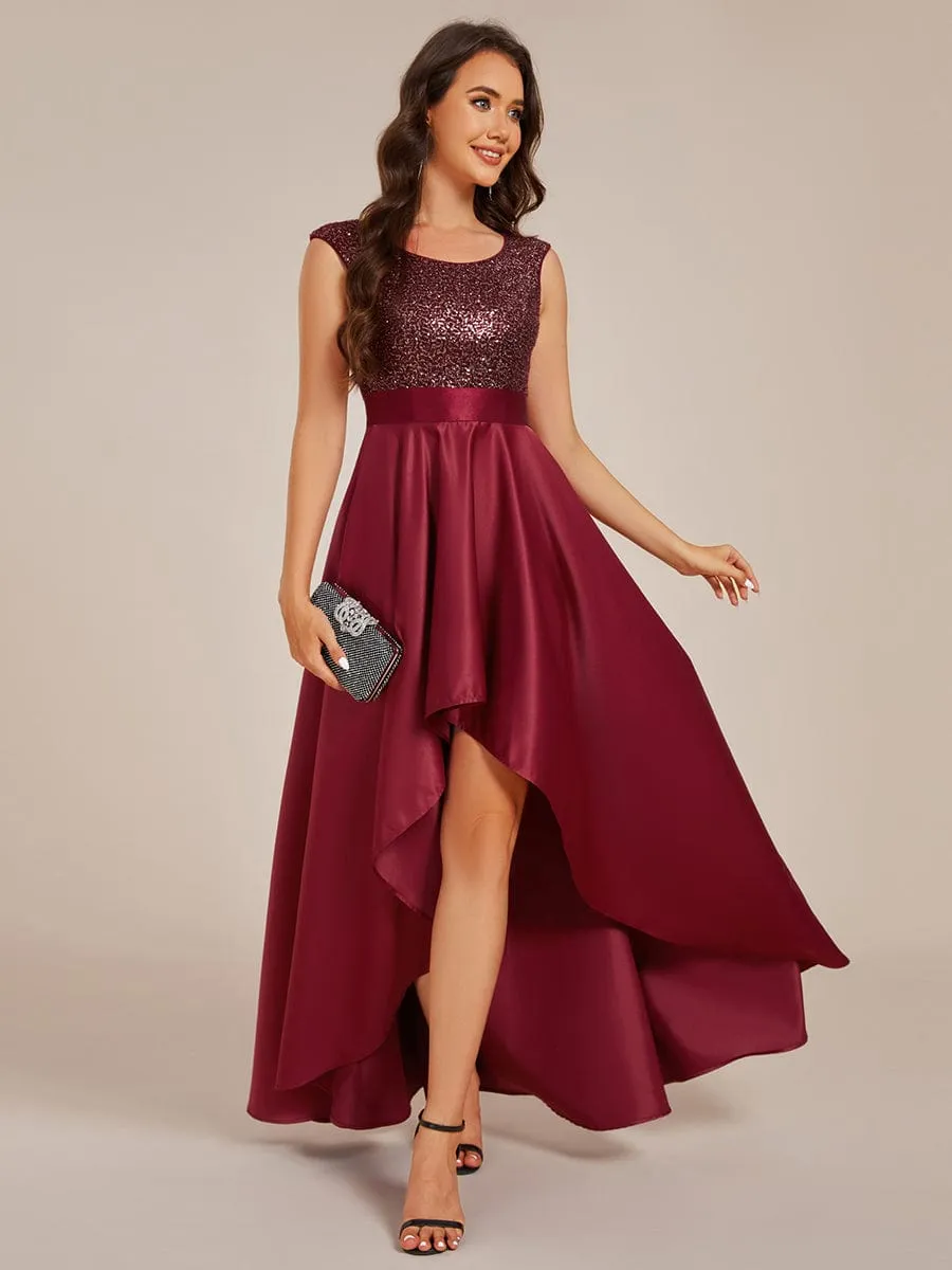 Faye | Sleeveless Sequin Top High-Low Formal Evening Dress with Satin