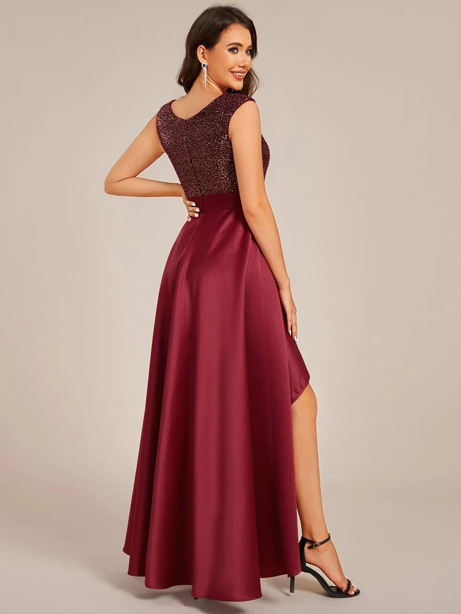 Faye | Sleeveless Sequin Top High-Low Formal Evening Dress with Satin