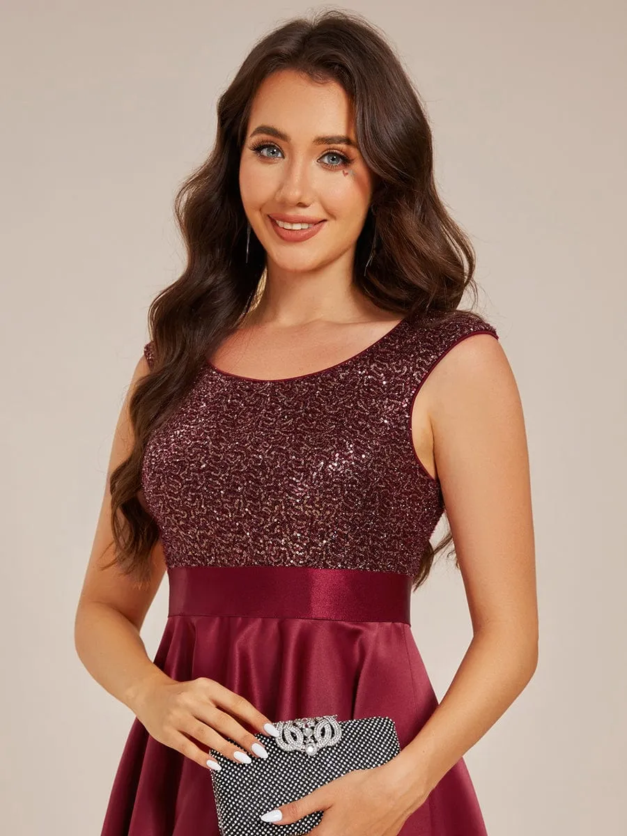 Faye | Sleeveless Sequin Top High-Low Formal Evening Dress with Satin