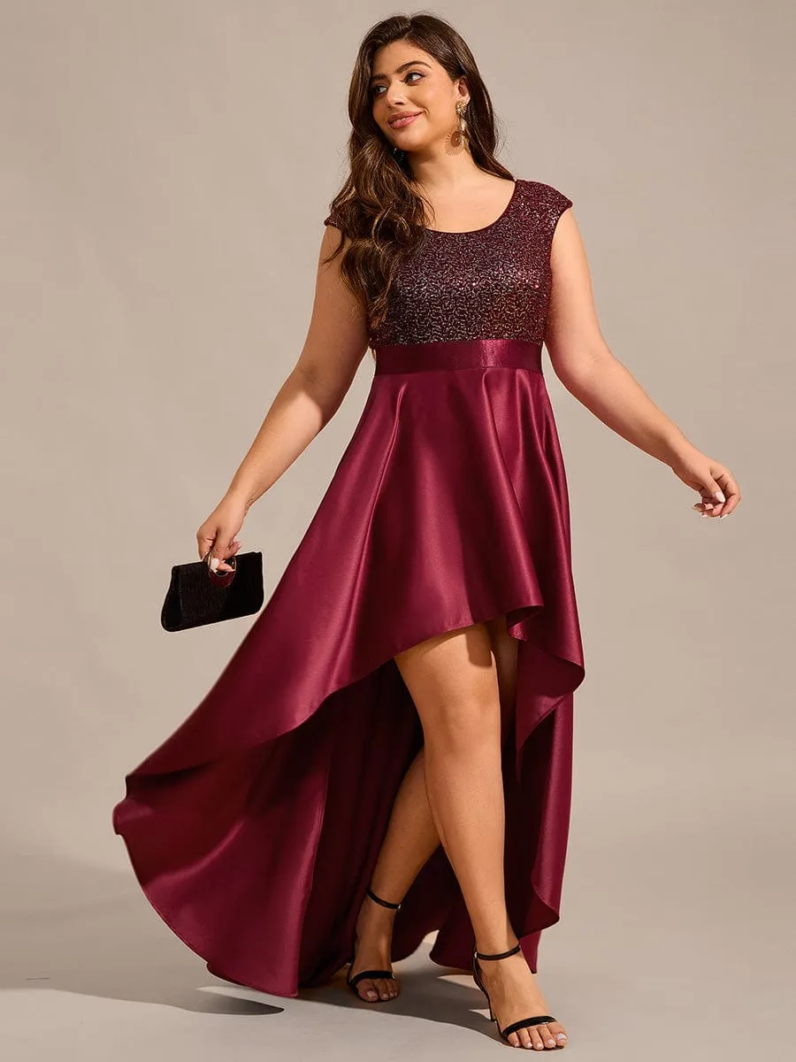 Faye | Sleeveless Sequin Top High-Low Formal Evening Dress with Satin