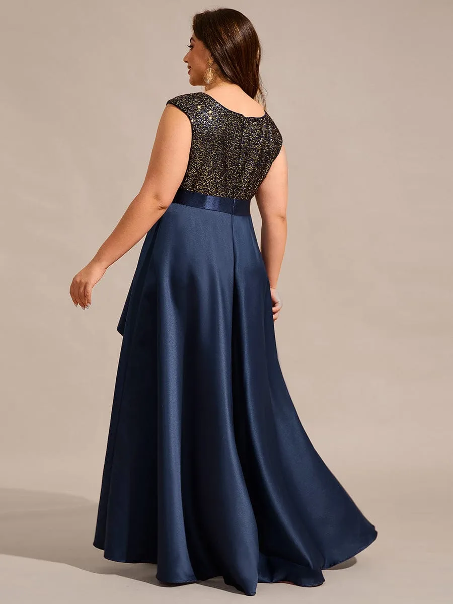 Faye | Sleeveless Sequin Top High-Low Formal Evening Dress with Satin