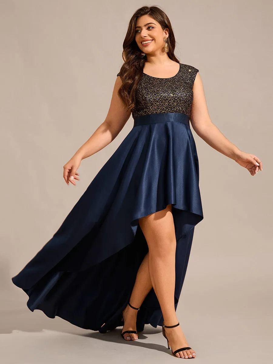 Faye | Sleeveless Sequin Top High-Low Formal Evening Dress with Satin