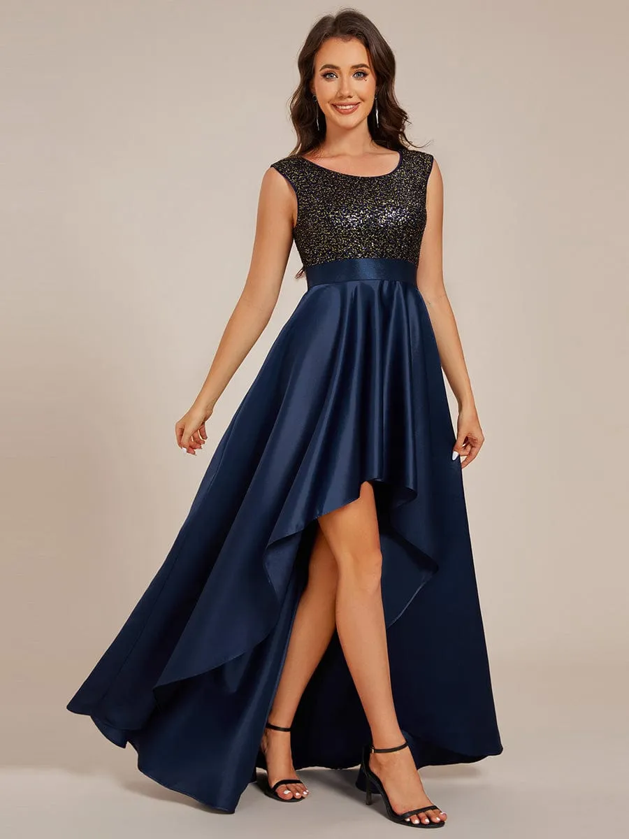 Faye | Sleeveless Sequin Top High-Low Formal Evening Dress with Satin