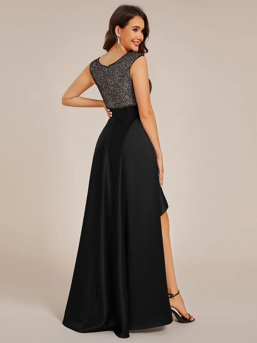 Faye | Sleeveless Sequin Top High-Low Formal Evening Dress with Satin