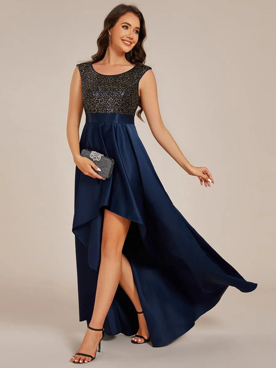 Faye | Sleeveless Sequin Top High-Low Formal Evening Dress with Satin