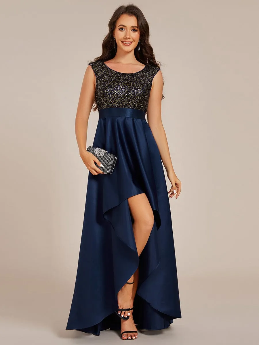 Faye | Sleeveless Sequin Top High-Low Formal Evening Dress with Satin