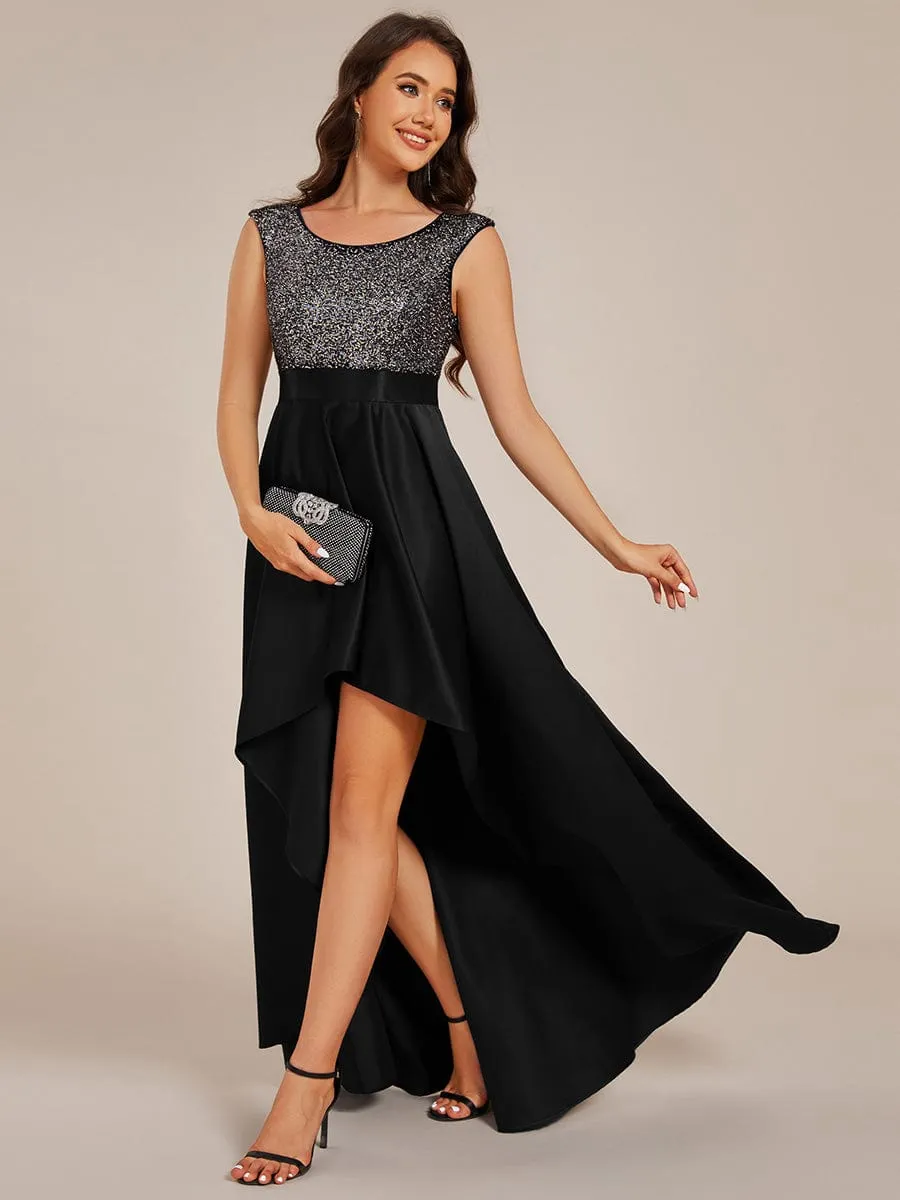 Faye | Sleeveless Sequin Top High-Low Formal Evening Dress with Satin