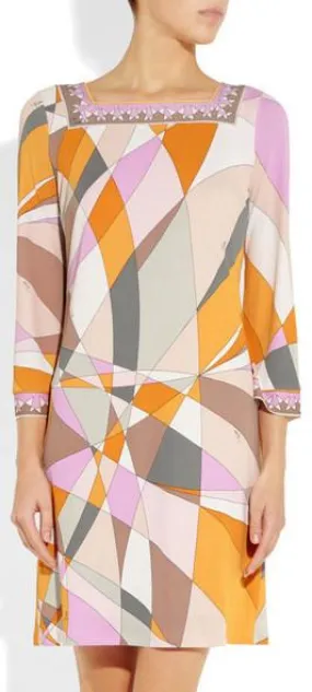 Geometric Print Square-Neck Jersey Silk Mini Dress-Multi Color