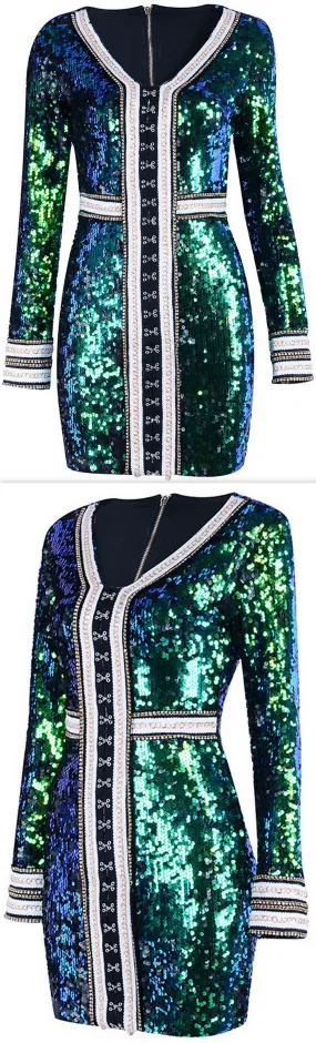 Green Sequin-Embellished Long-Sleeve Mini Dress