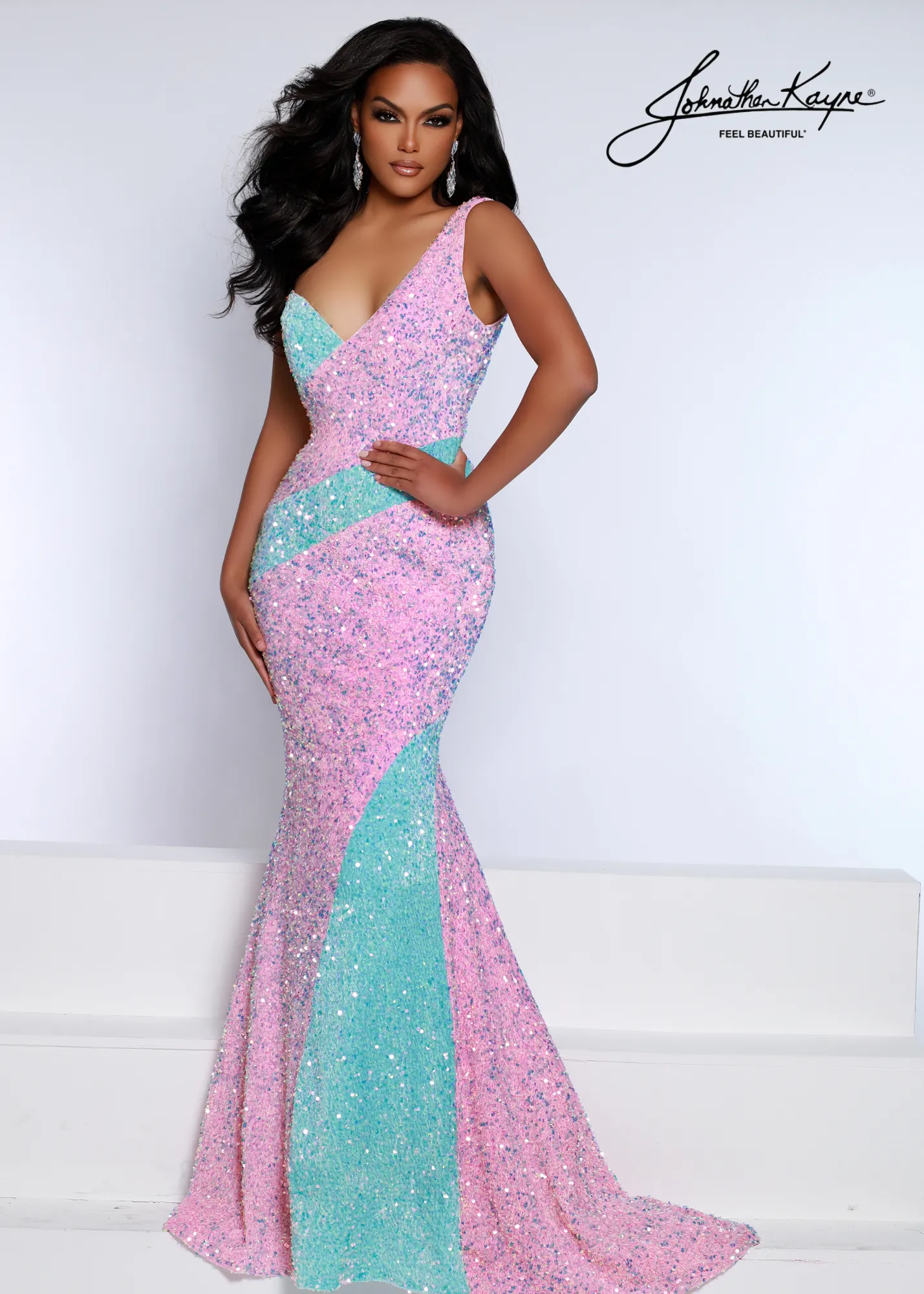 Johnathan Kayne 2659 Size 2 Cotton Candy Aqua One Shoulder Velvet Sequin Mermaid Prom Dress Pageant Gown