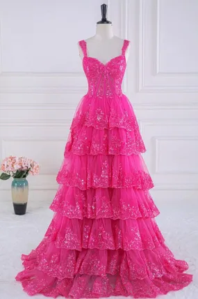 kamahe Ball Gown Corset Layered Fuchsia Prom Dresses Sweetheart Sequin