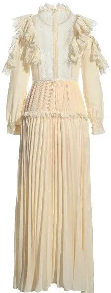 Lace-Trimmed Shoulder Cut-Out Pleated Silk/Chiffon Dress