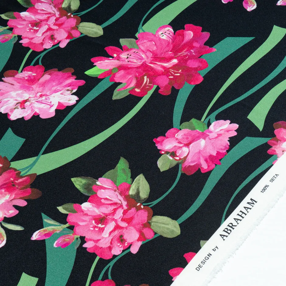 Large Pink Floral Printed Black Silk Crêpe