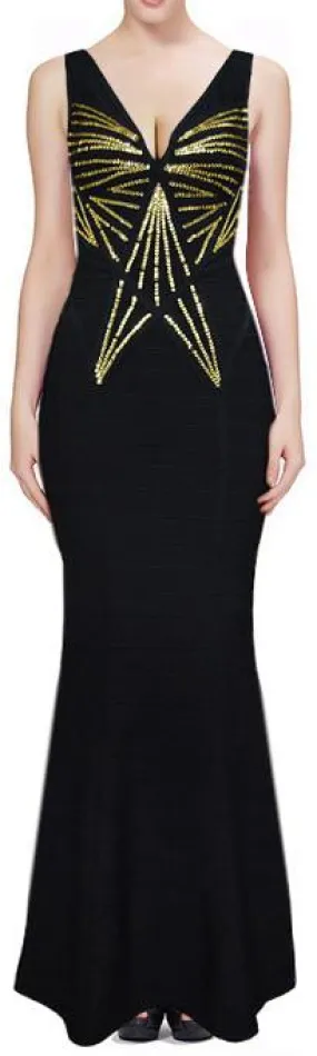 Long Sequin Embellished Sleeveless V-Neck Bandage Gown-Black