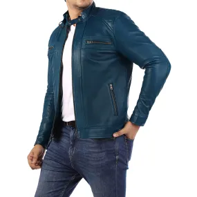 Men's Diamond Style Cafe Racer Blue Leather Jacket