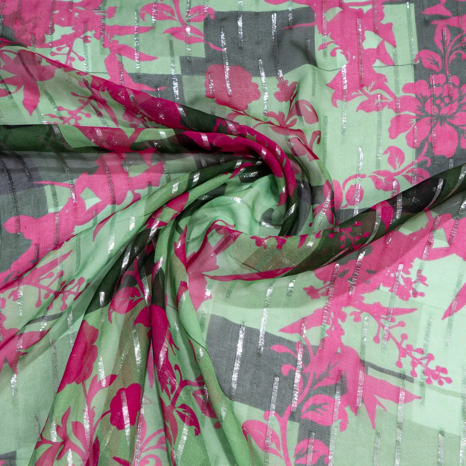 Olive Green & Magenta Pink Floral Silk Georgette