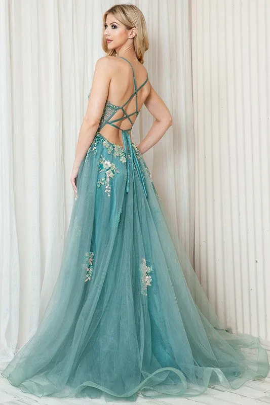 Sea Green Floral Sequin Applique A Line Gown