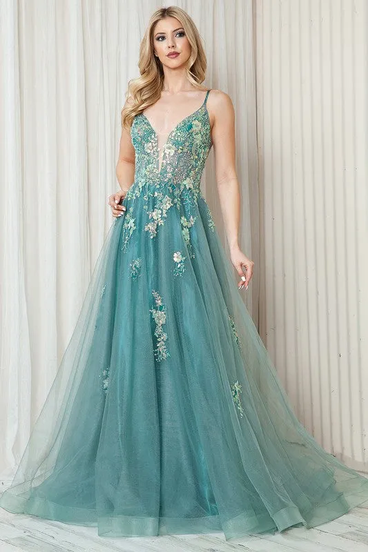 Sea Green Floral Sequin Applique A Line Gown