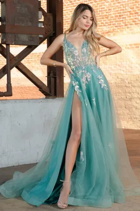 Sea Green Floral Sequin Applique A Line Gown