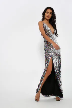 Silver Side Split Maxi Sequin Dress