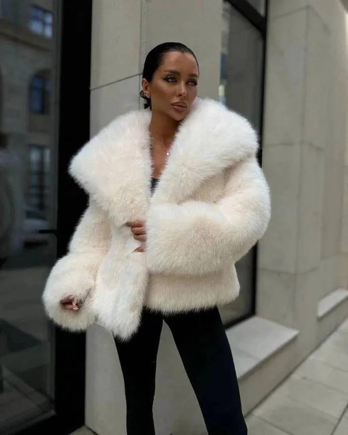 White Lapel Faux Fur Jacket Puffy Pine Casual Fox Fur Skirt