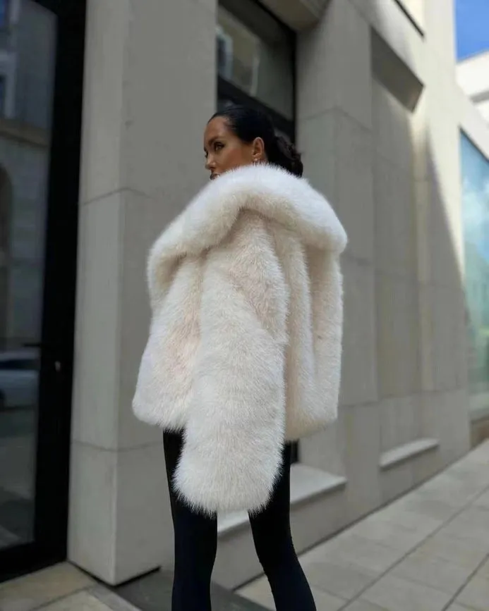 White Lapel Faux Fur Jacket Puffy Pine Casual Fox Fur Skirt